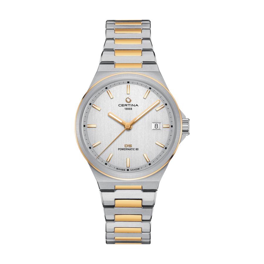 Certina DS-7 Powermatic 80 zilverkleurig horloge met PVD-coating en goudkleurige details, model C0434072203100
