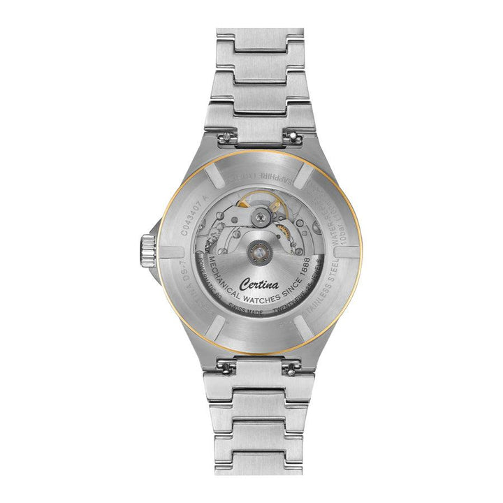 Certina DS-7 Powermatic 80 Solv PVD-coating 39 mm, detail van uurwerk en achterkant van zilverstaal. ModelC0434072203100