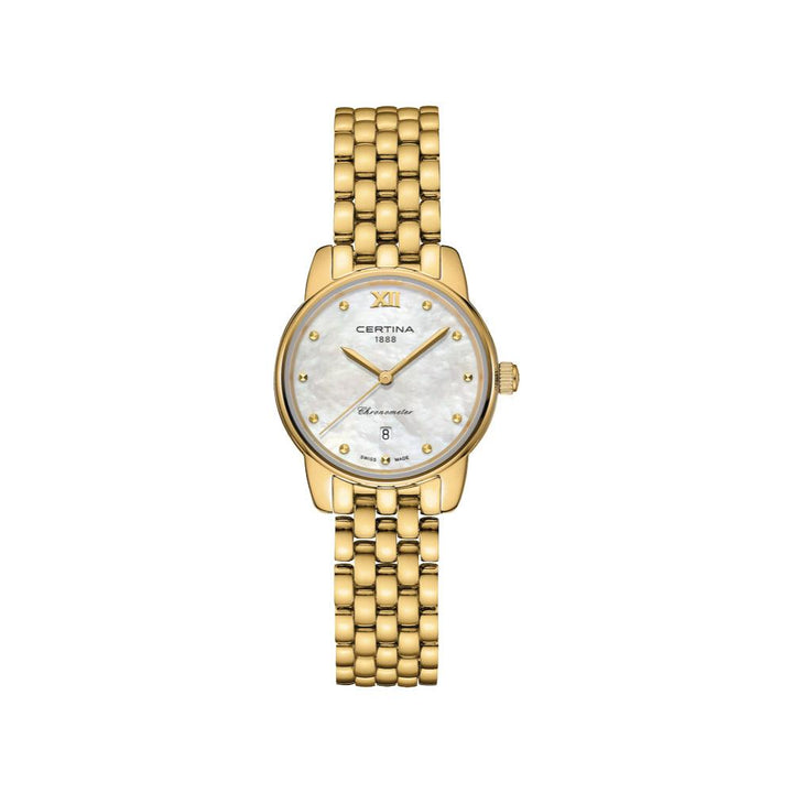 Certina DS-8 Dameshorloge in PVD kleurig goud met parelmoeren wijzerplaat, gouden details en datumaanduiding. ModelC0330513311800