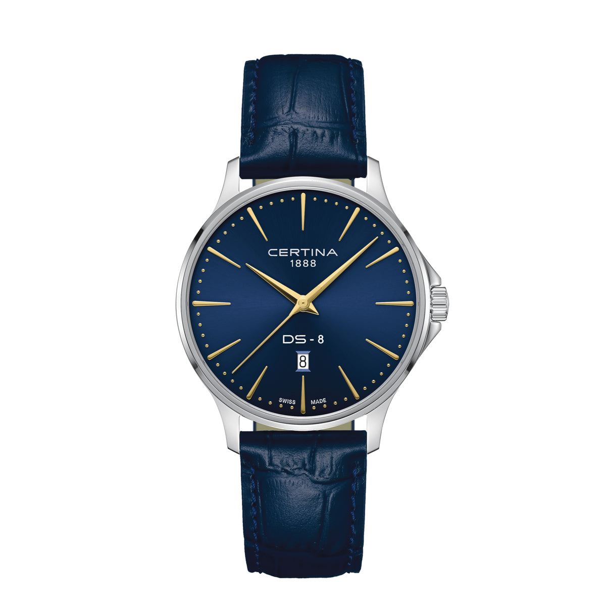 Certina DS-8 Gent 40 mm met blauw lederen band, elegante wijzerplaat in blauw met gouden markeringen, model C0454101604100