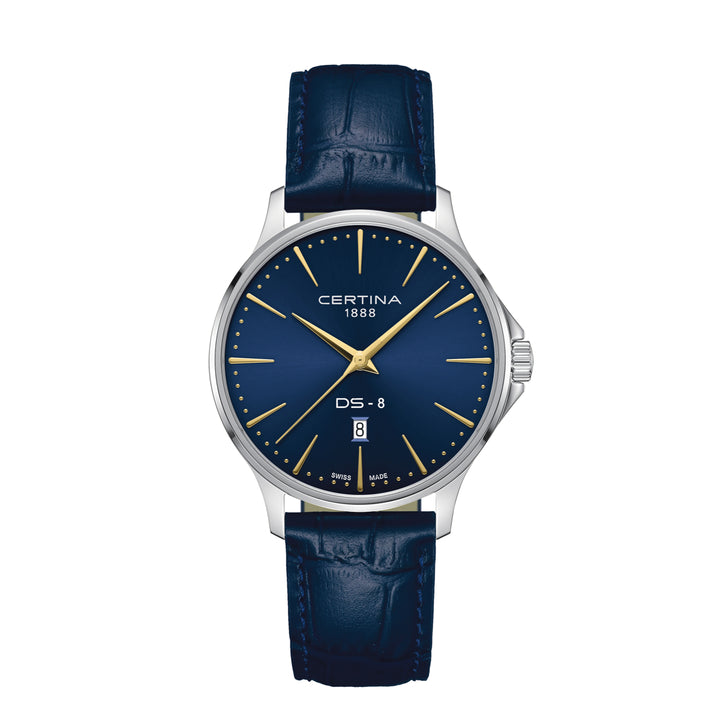 Certina DS-8 Gent 40 mm met blauw lederen band, elegante wijzerplaat in blauw met gouden markeringen, model C0454101604100