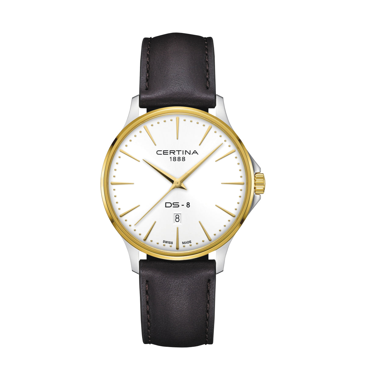 Certina DS-8 Gent 40 mm met bruin lederen band toont elegante horlogekast in goudlook en witte wijzerplaat. ModelC0454102603100