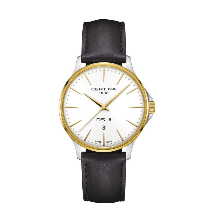 Certina DS-8 Gent 40 mm met bruin lederen band toont elegante horlogekast in goudlook en witte wijzerplaat. ModelC0454102603100