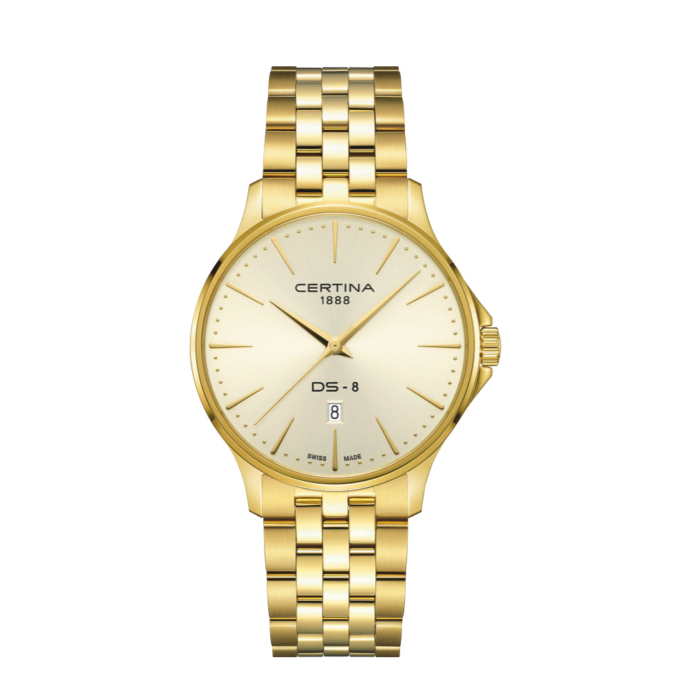 Certina DS-8 Gent Gold PVD 40 mm met gouden wijzerplaat en datumweergave, model C0454103336100.