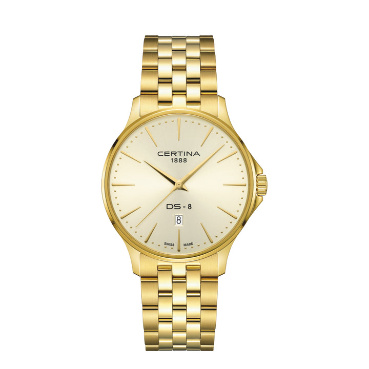 Certina DS-8 Gent Gold PVD 40 mm met gouden wijzerplaat en datumweergave, model C0454103336100.