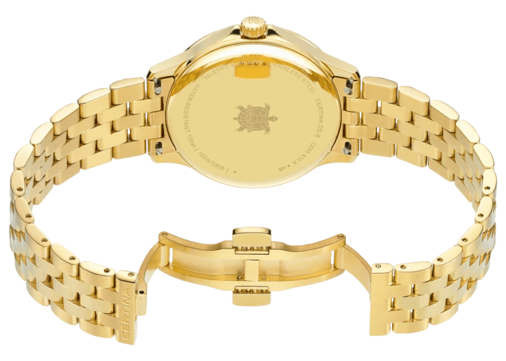 Certina DS-8 Gent goud PVD 40 mm met open vouwsluiting, gedetailleerde achterkant van de kast en gouden band.