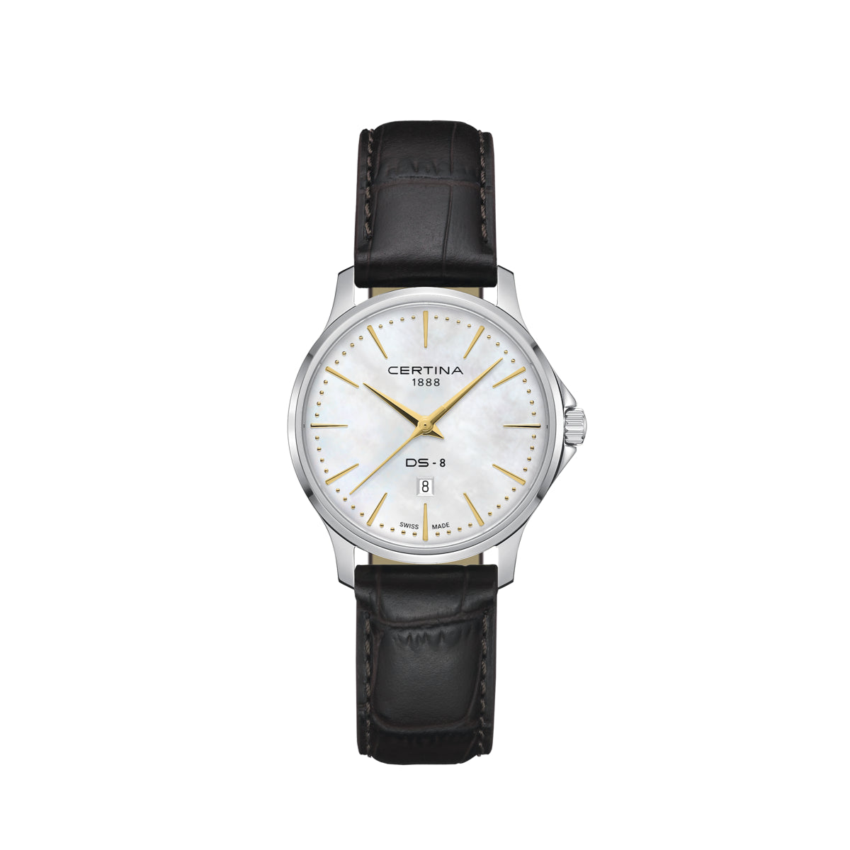 Certina DS-8 Lady 31mm met bruin lederen band, elegant horloge met parelmoeren wijzerplaat en gouden details. ModelC045.010.16.111.00