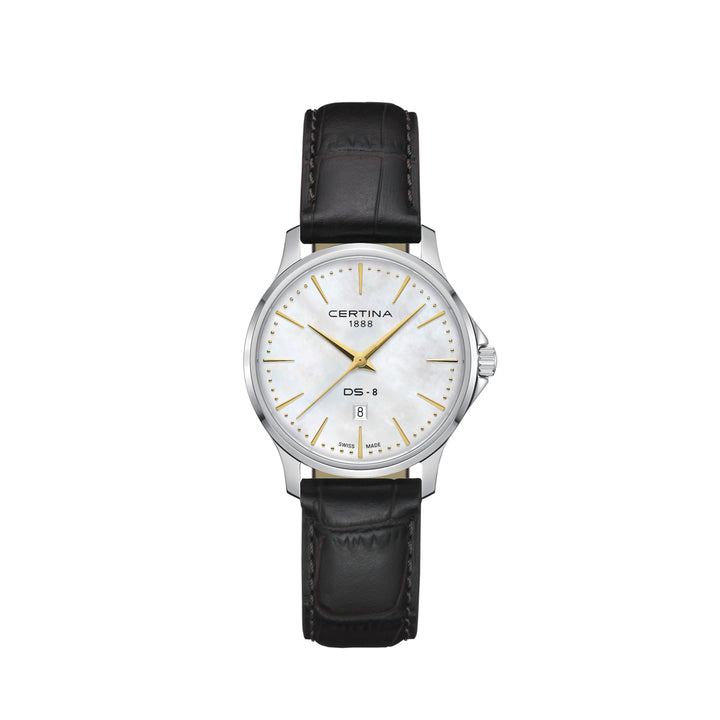 Certina DS-8 Lady 31mm met bruin lederen band, elegant horloge met parelmoeren wijzerplaat en gouden details. ModelC045.010.16.111.00