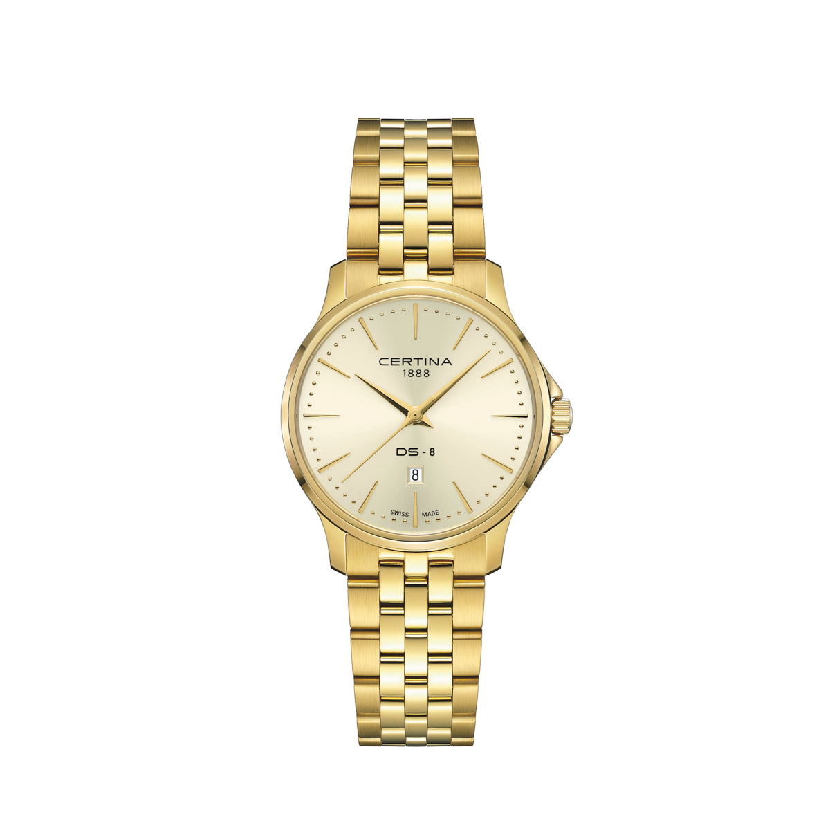 Certina DS-8 Lady 31mm met goud PVD, elegant dameshorloge in gouden kleur met klassieke wijzerplaat. ModelC0450103336100
