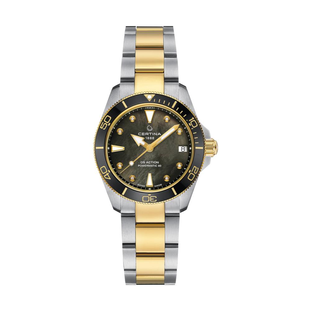 Certina DS Action 34.5mm Powermatic 80 M Diamonds, tweekleurig horloge met zwarte parelmoer wijzerplaat en diamantmarkeringen. ModelC0320072212600
