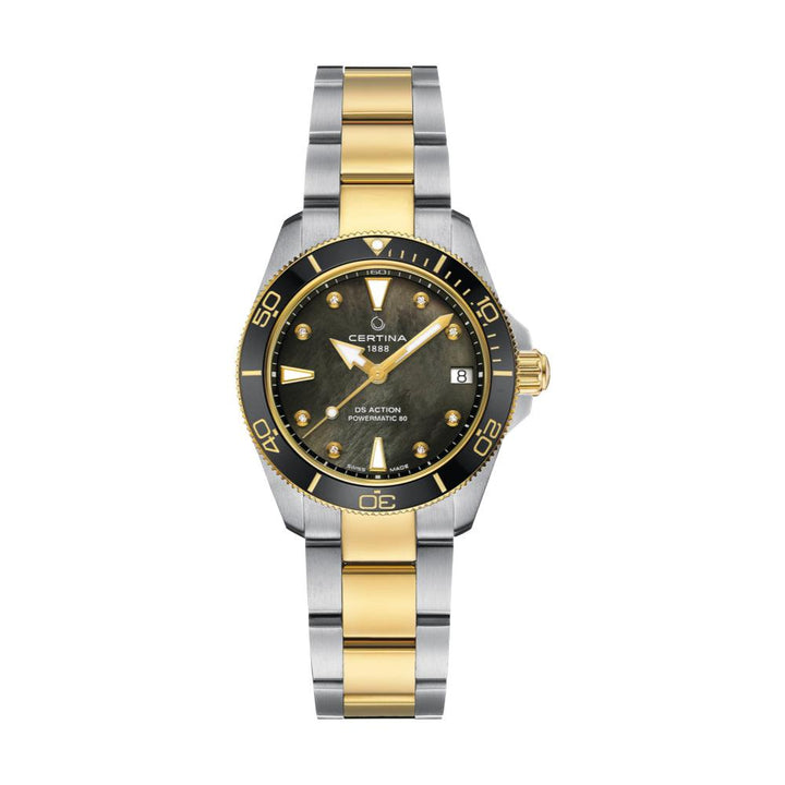 Certina DS Action 34.5mm Powermatic 80 M Diamonds, tweekleurig horloge met zwarte parelmoer wijzerplaat en diamantmarkeringen. ModelC0320072212600