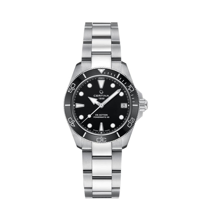 Certina DS Action 34.5mm Powermatic 80 zwart horloge met stalen ketting, ronde wijzerplaat en zwarte details. ModelC0320071105100