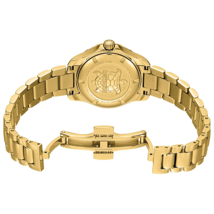 Certina DS Action dameshorloge toont de achterkant van het gouden horloge met gesloten vlindersluiting, stalen band en schildpadlogo.