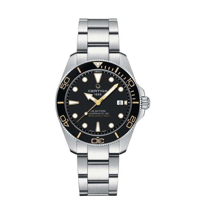 Certina DS Action Diver 40 mm Powermatic 80 met zwarte wijzerplaat, gouden details en stalen schakel. ModelC0484071105101