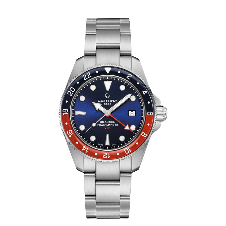Certina DS Action GMT Powermatic 80 met blauwe wijzerplaat, stalen kast en ketting. ModelC0329291104100.