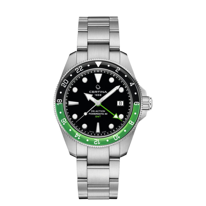 Certina DS Action GMT Powermatic 80 met zwarte wijzerplaat, groene lunette en stalen ketting. ModelC0329291105100.