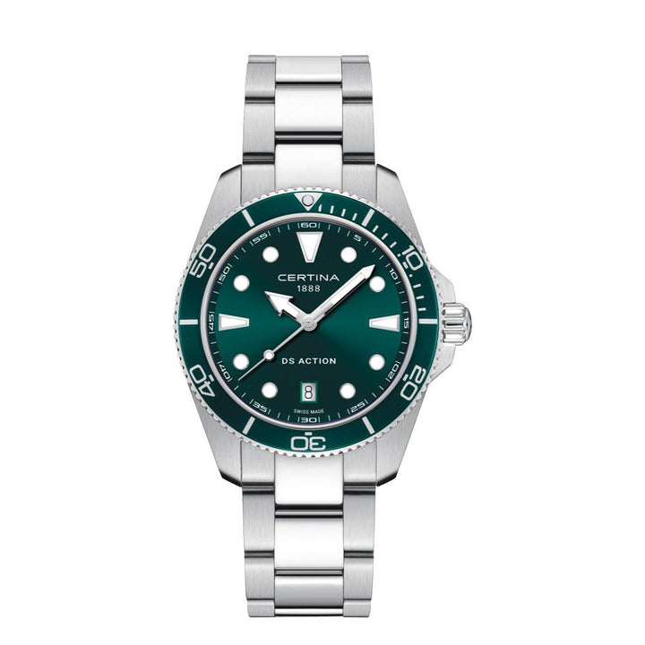 Certina DS Action groene wijzerplaat quartz, klassiek horloge met stalen ketting en groene wijzerplaat. ModelC0484101109100.