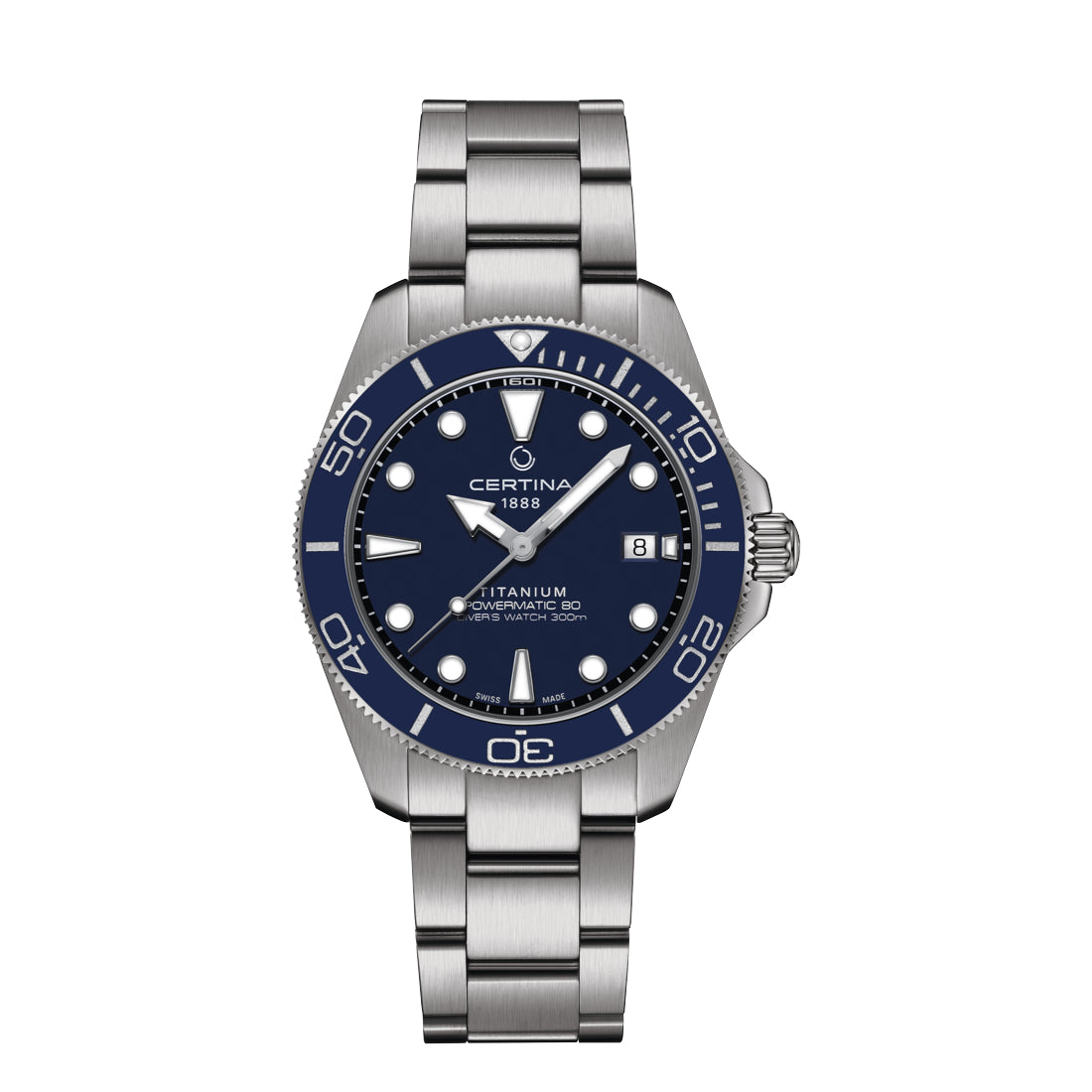 Certina DS Action Titanium Powermatic 80 horloge met blauwe wijzerplaat en zilverkleurige titanium band, model C0484074404100.