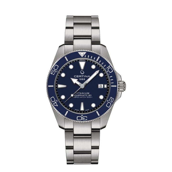 Certina DS Action Titanium Powermatic 80 horloge met blauwe wijzerplaat en zilverkleurige titanium band, model C0484074404100.