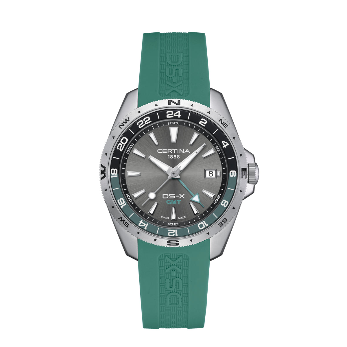 Certina DS-X GMT 41 mm met rubberen band, stalen kast en grijze wijzerplaat, model C0474521708100.