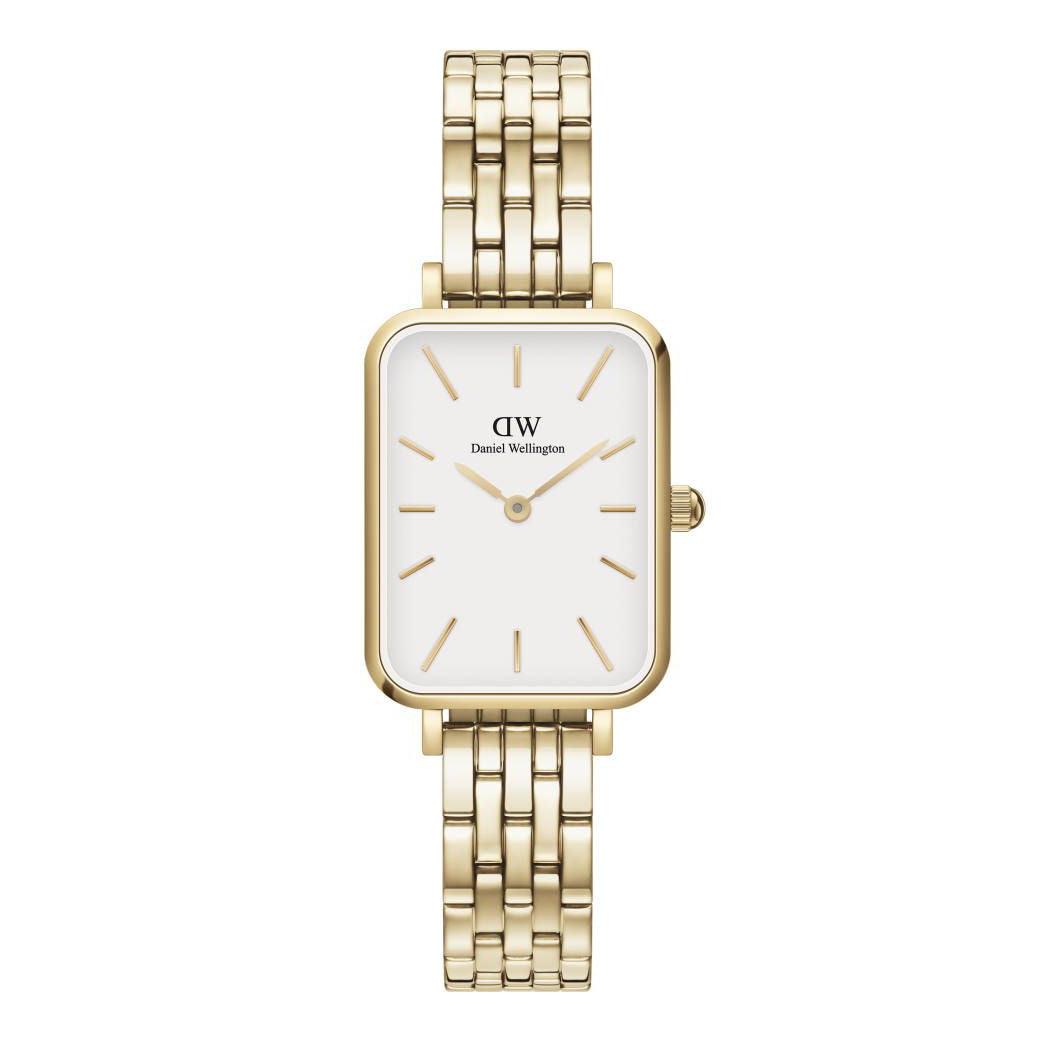 Daniel Wellington Quadro Link vierkant dameshorloge in dubbel goud met witte wijzerplaat, elegant design. ModelADW00100622