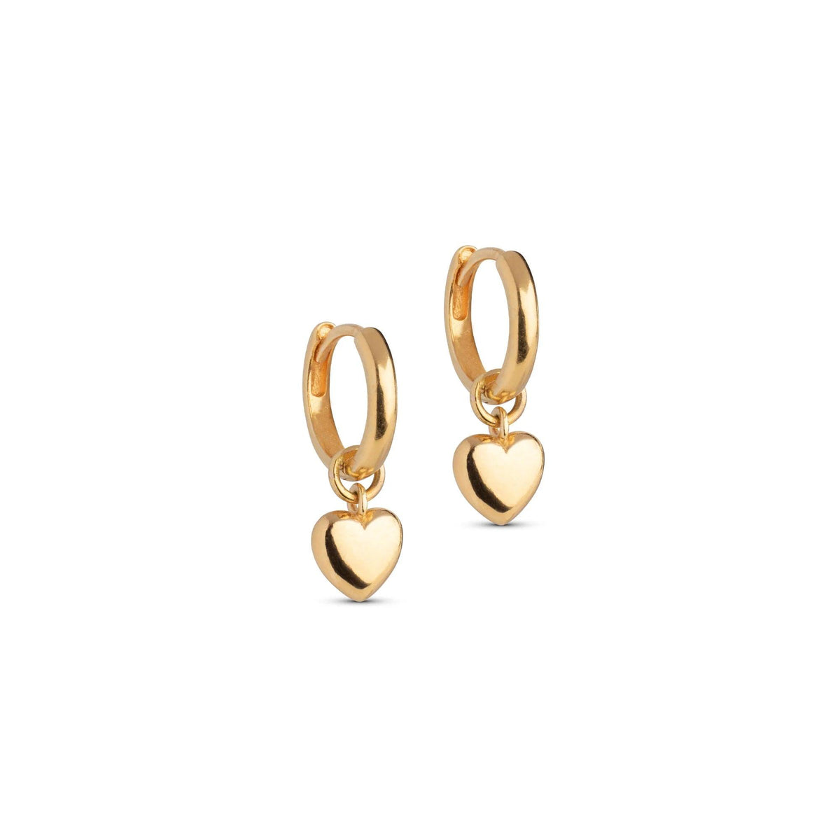 Enamel Amore Gilded Hoops toont elegante goudkleurige oorringen met gladde, bungelende hartjeshangers. ModelE376G-E376G-1.