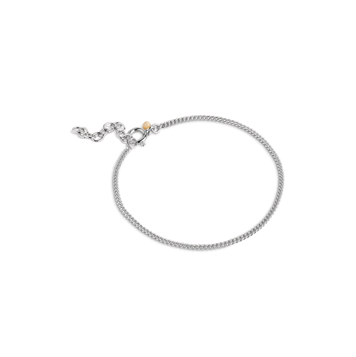 Enamel Curb Chain Armband Zilver toont een eenvoudige zilveren armband met fijne ketting en klein gouden detail. Modelb123s-b123s-1