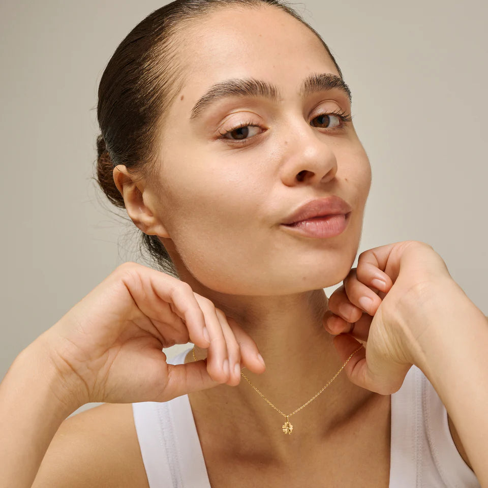 Enamel Klavertje vier ketting in verguld zilver gedragen door vrouw met witte top, model n138gm-1