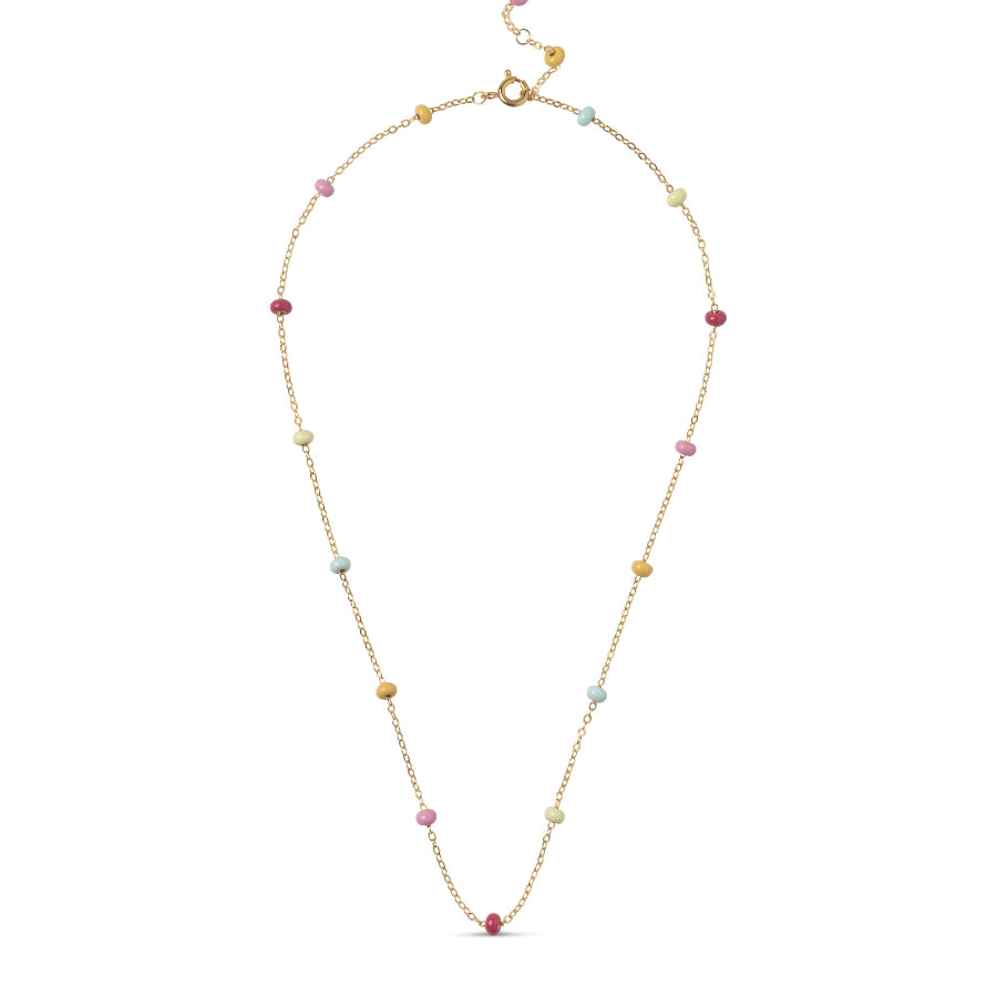enamel lola bolketting regenboog in verguld zilver, ketting met kleurrijke parels op een witte achtergrond. Model n137g-regenboog-1