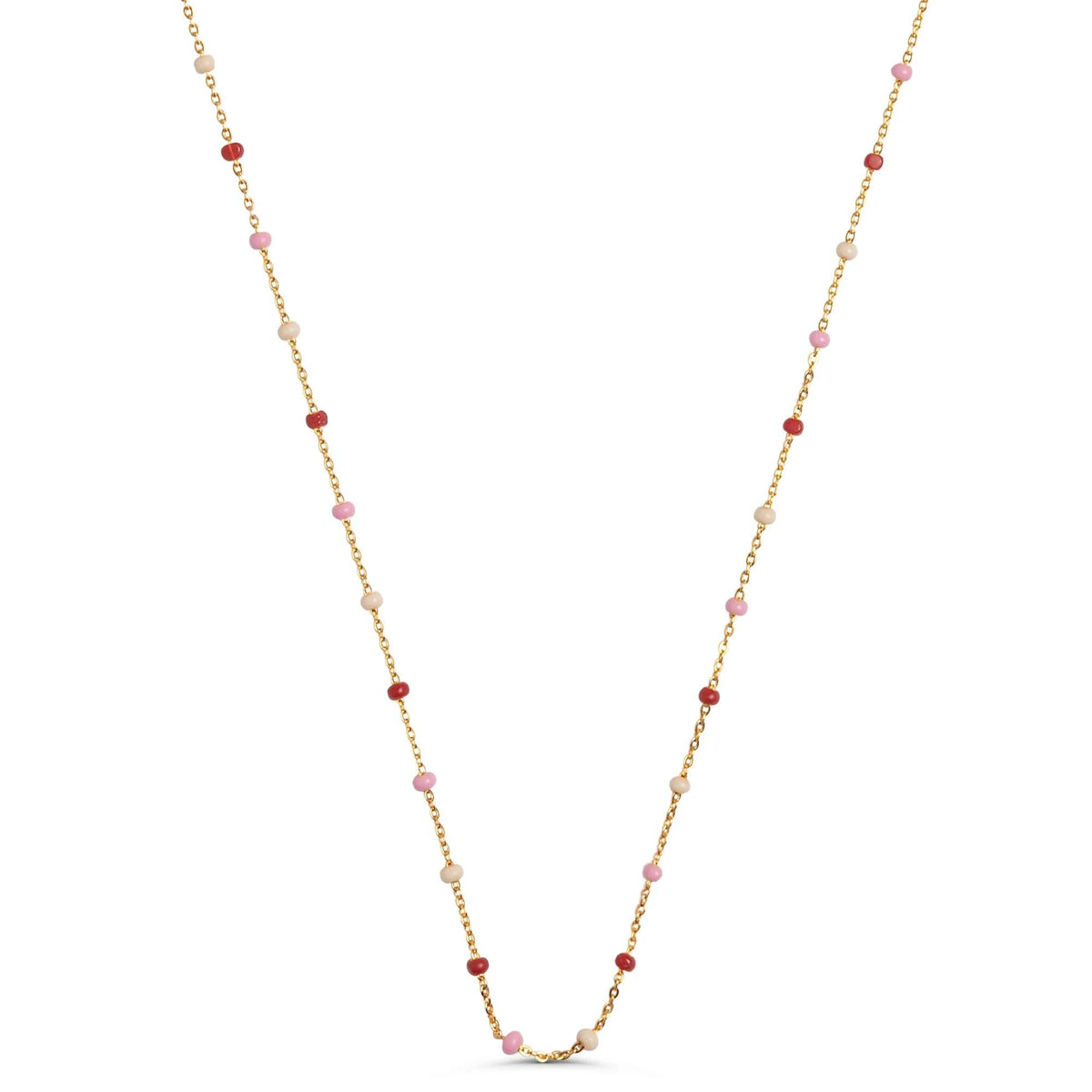 enamel lola rosie ketting toont een fijne gouden ketting met kleine parels in roze, rood en beige, model N55G-ROSIE