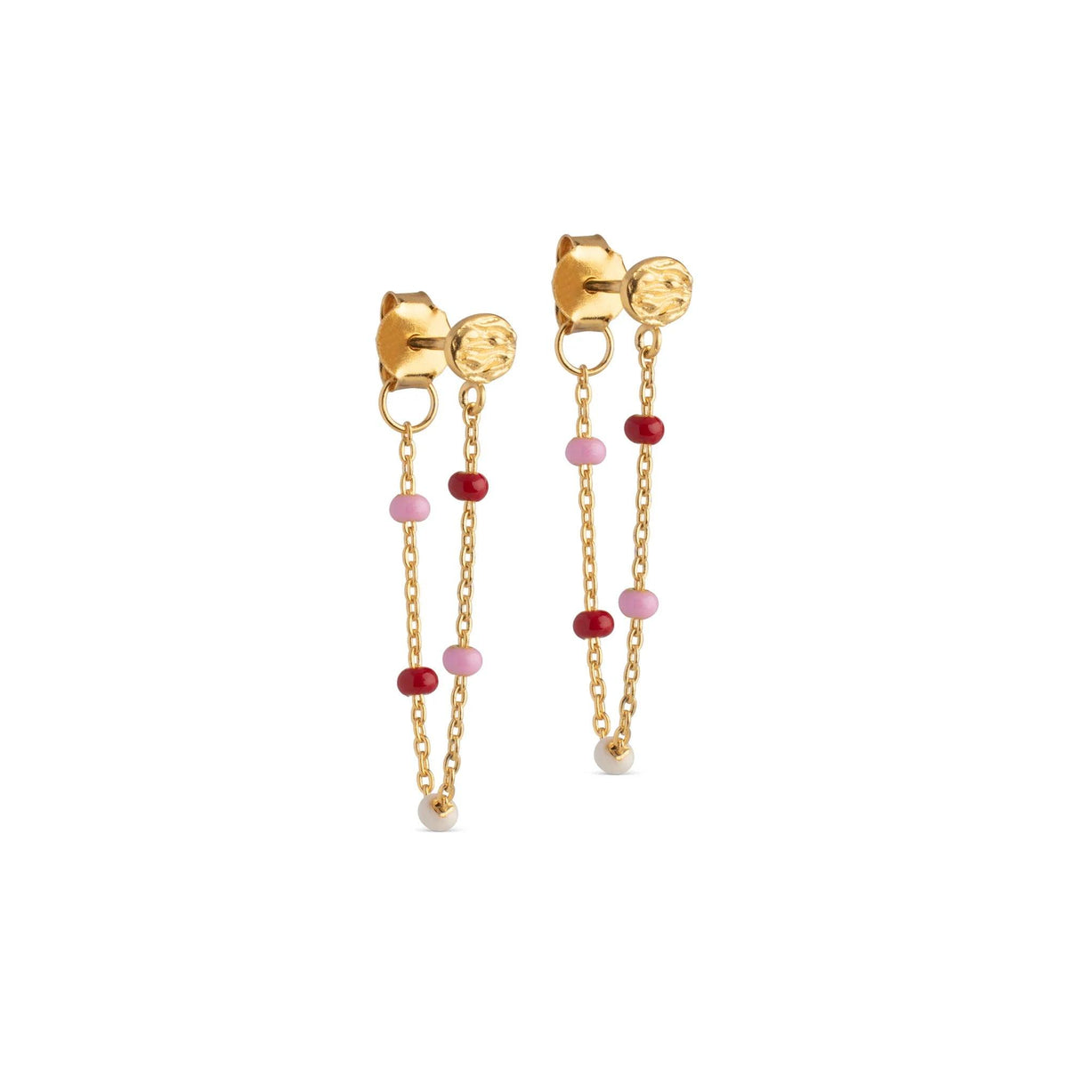 Enamel Lola Rosie Oorbellen met gouden ketting en kleine roze en rode parels, model E140GM-ROSIE.