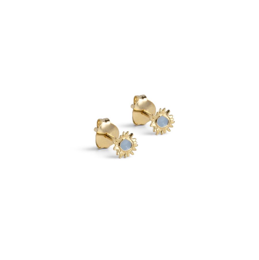 Enamel Mini Sunshine Stud Steel Blue toont een set kleine goudkleurige studs met blauw emaille. Model e419g-staalblauw-1.