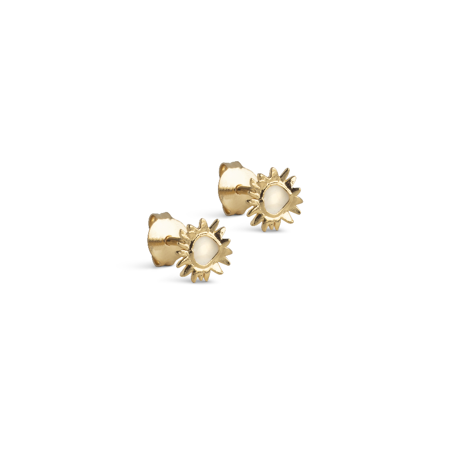 enamel kleine zonneoorbellen madeliefje, vergulde studs met bloemmotief en wit emaille. Model e420g-daisy-1
