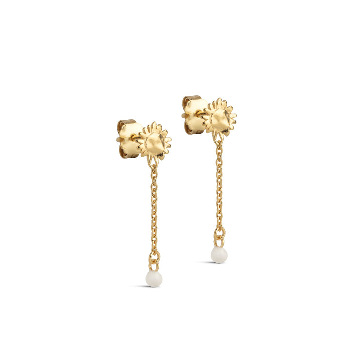 Enamel Sunshine Drop Oorbellen Daisy e423g-madeliefje vergulde oorbellen met zonnebloem en ketting met wit detail. Model e423g-daisy-1