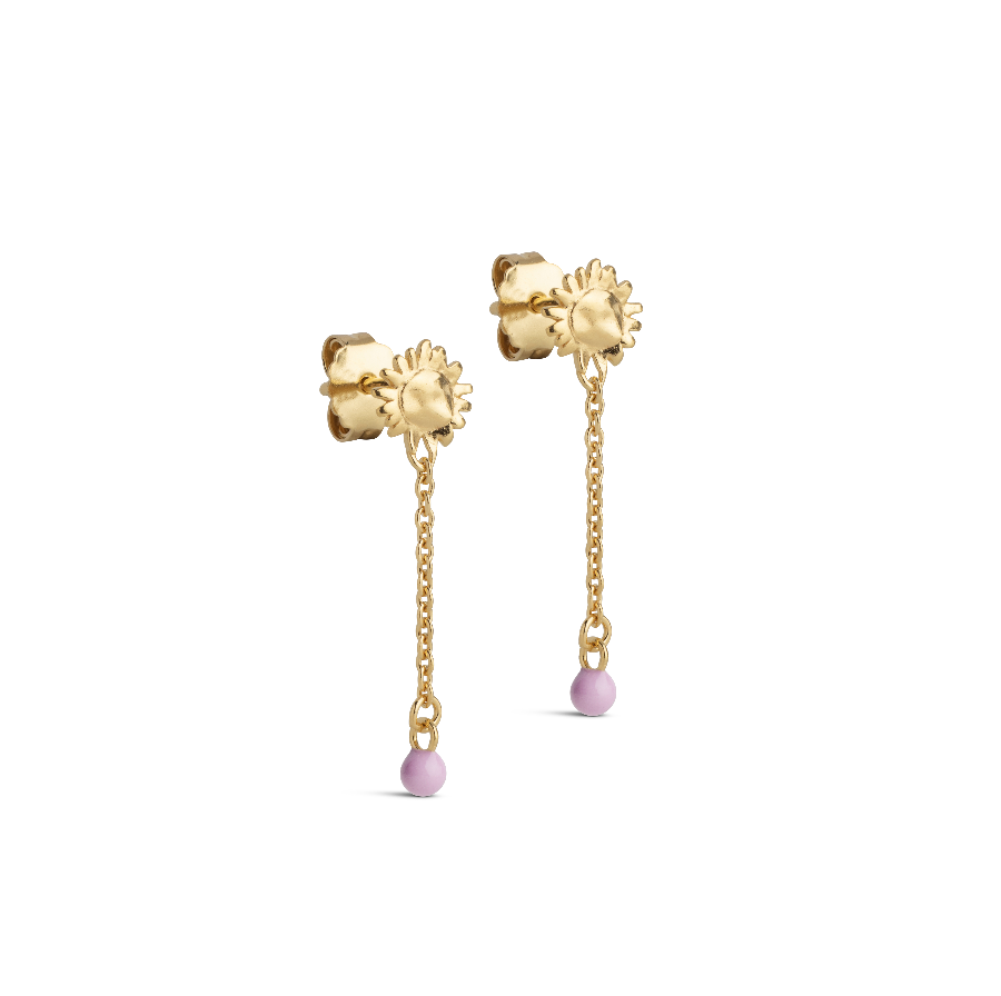 Enamel Sunshine Drop Oorbellen Roze, omslagafbeelding toont gouden oorbellen met roze druppel, Model e423g-pink-1
