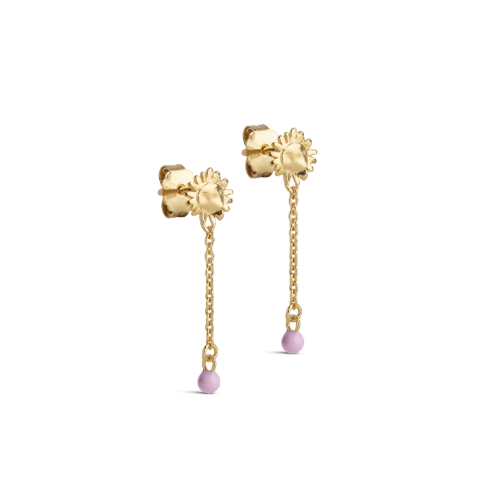 Enamel Sunshine Drop Oorbellen Roze, omslagafbeelding toont gouden oorbellen met roze druppel, Model e423g-pink-1