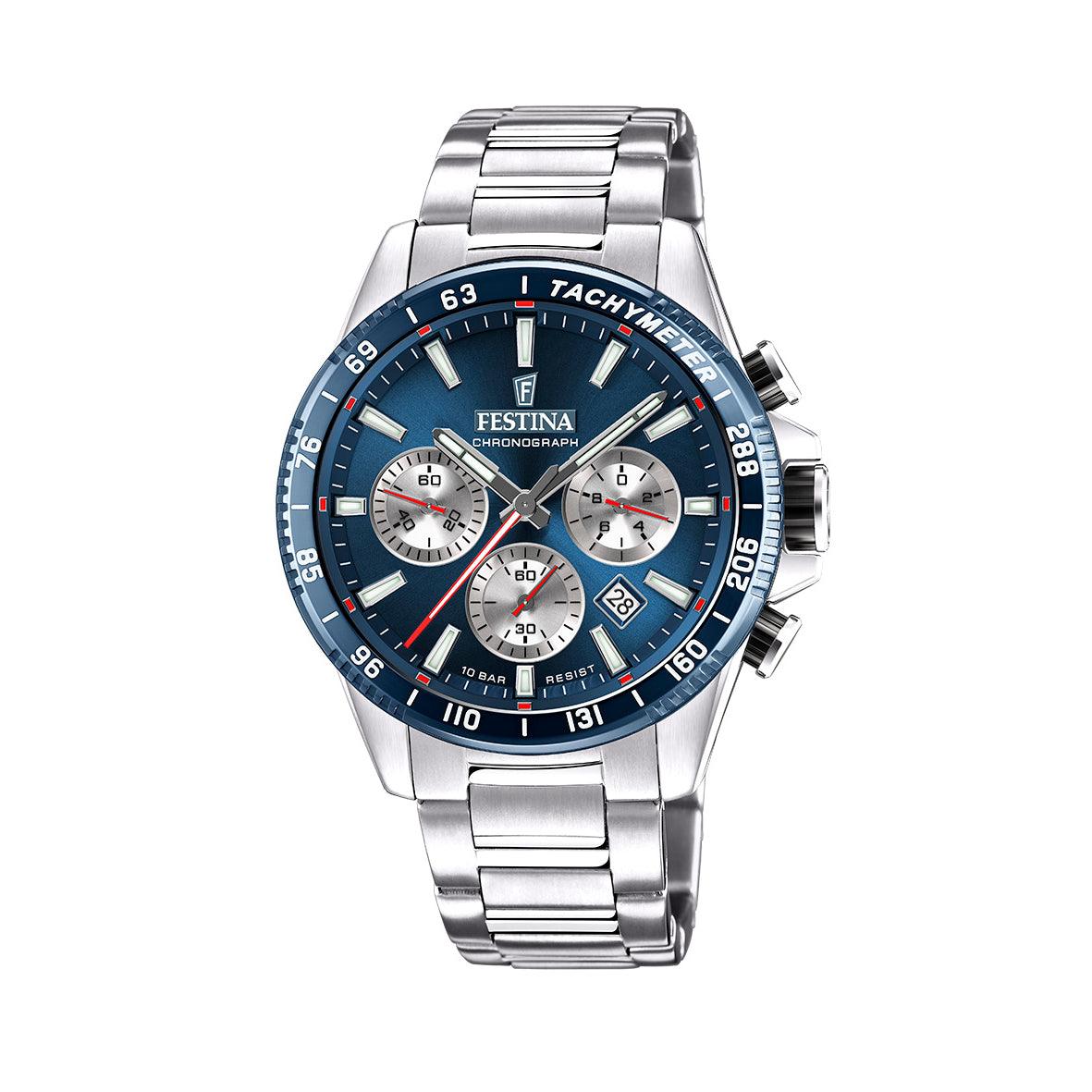 Festina Chrono Sport Herenhorloge met blauwe wijzerplaat, zilverkleurige stalen ketting en drie subdials. Model 205602-205602-1.