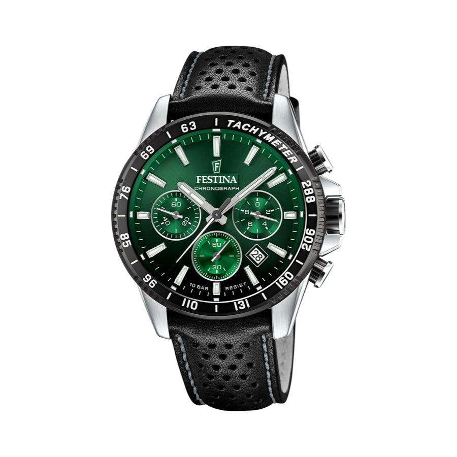 Festina Chrono Sport herenhorloge met groene wijzerplaat, zwart geperforeerde leren band en staal, model 205615-205615-1