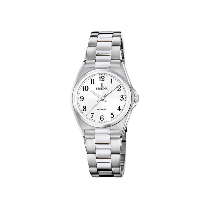 Festina Klassiek dameshorloge met witte wijzerplaat en zilverkleurige stalen ketting, model 205531-205531-1.
