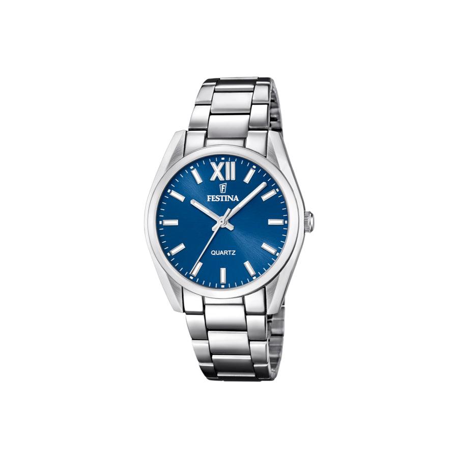 Festina dameshorloge 206225 met blauwe wijzerplaat en zilveren ketting, elegant en tijdloos design. ModelF206225/1