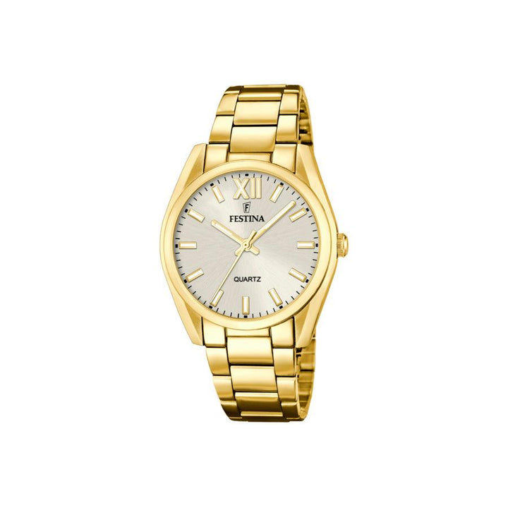 Festina Dameshorloge in dubbel goud met zilveren wijzerplaat en klassieke ketting, model F206401-F206401-1.