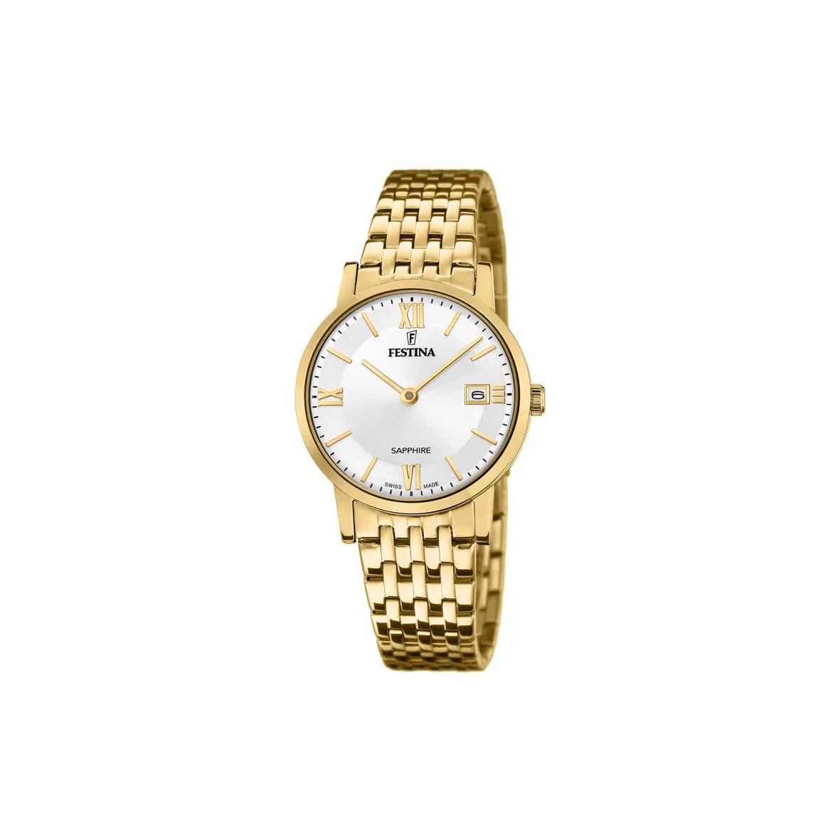 Festina Dameshorloge Swiss Made F200211 met witte wijzerplaat en elegante goudkleurige ketting. ModelF200211-1