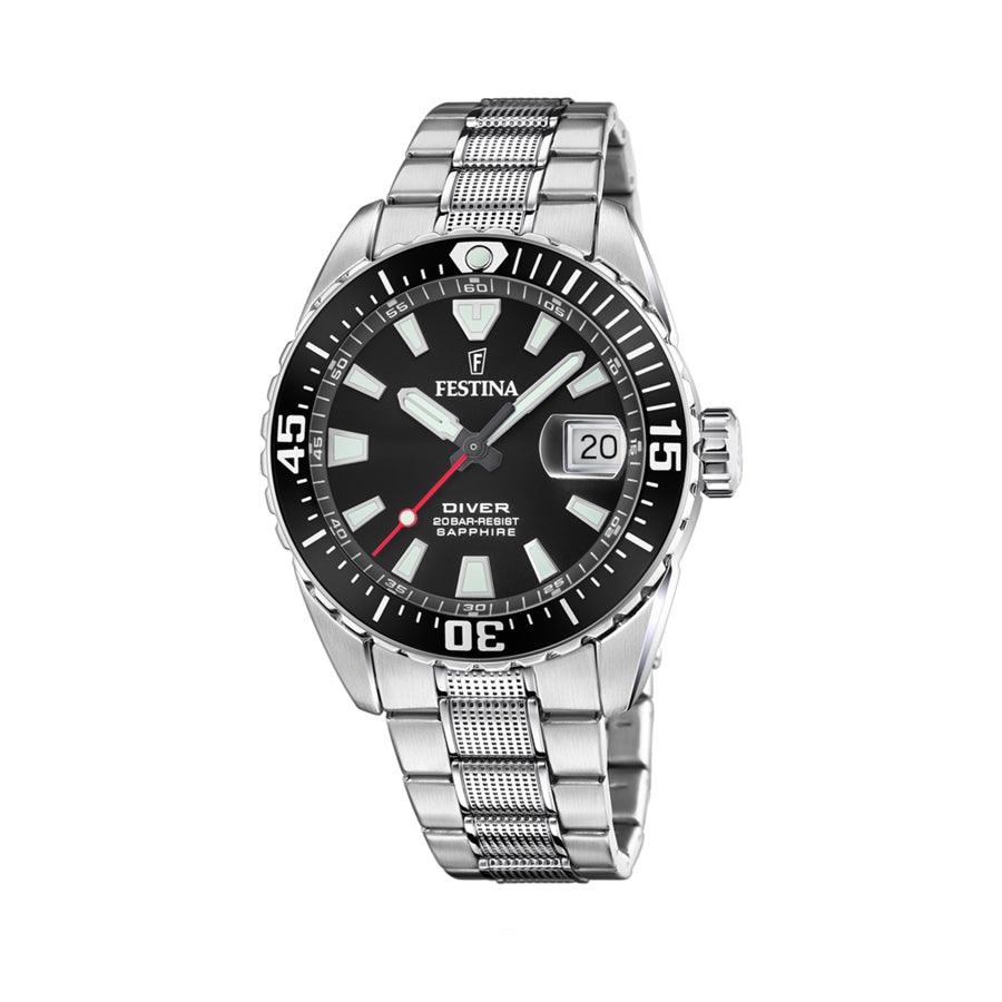 Festina Herenhorloge Diver 206693, stalen polshorloge met zwarte wijzerplaat, datum en draaibare lunette. ModelF206693.