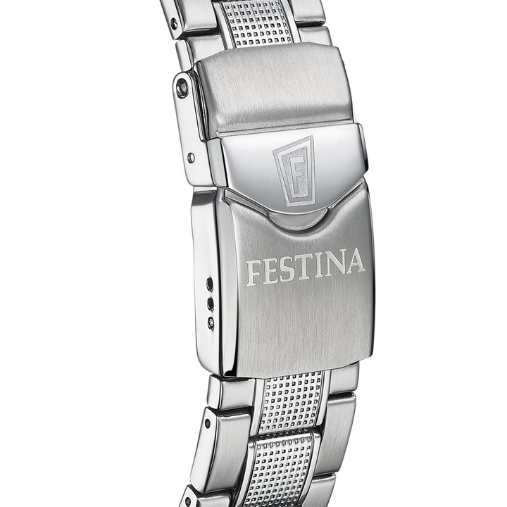 Festina Herenhorloge Diver toont gesloten gesp en details in geborsteld staal, model F206691