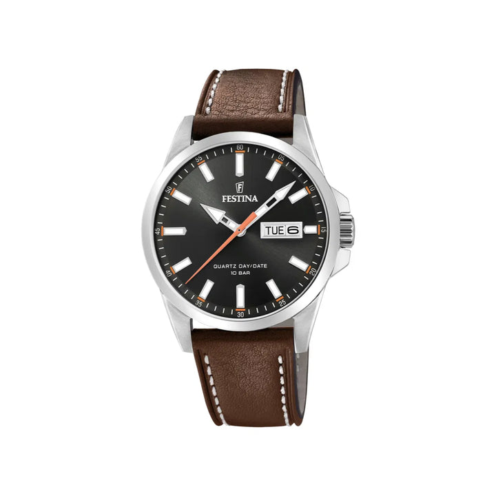 Festina Herenhorloge F20358/2 met zwarte wijzerplaat, dag-datumaanduiding en bruin lederen band. ModelF20358/2.