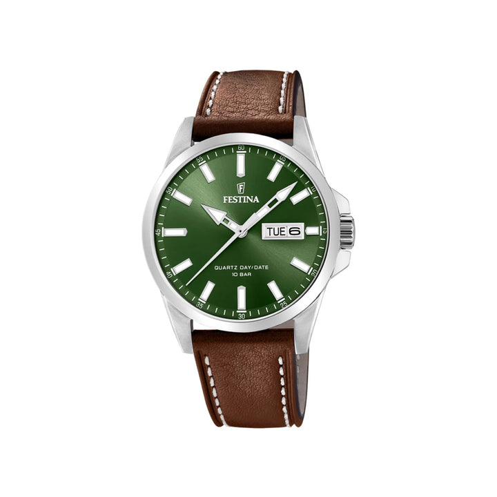 Festina herenhorloge F20358/5 met groene wijzerplaat en bruin lederen band, dag- en datumaanduiding. ModelF20358/5