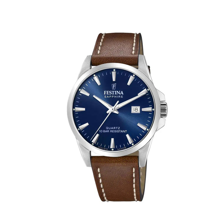 Festina Herenhorloge Swiss Made F200253 met blauwe wijzerplaat, stalen kast en bruin lederen band. ModelF200253-1