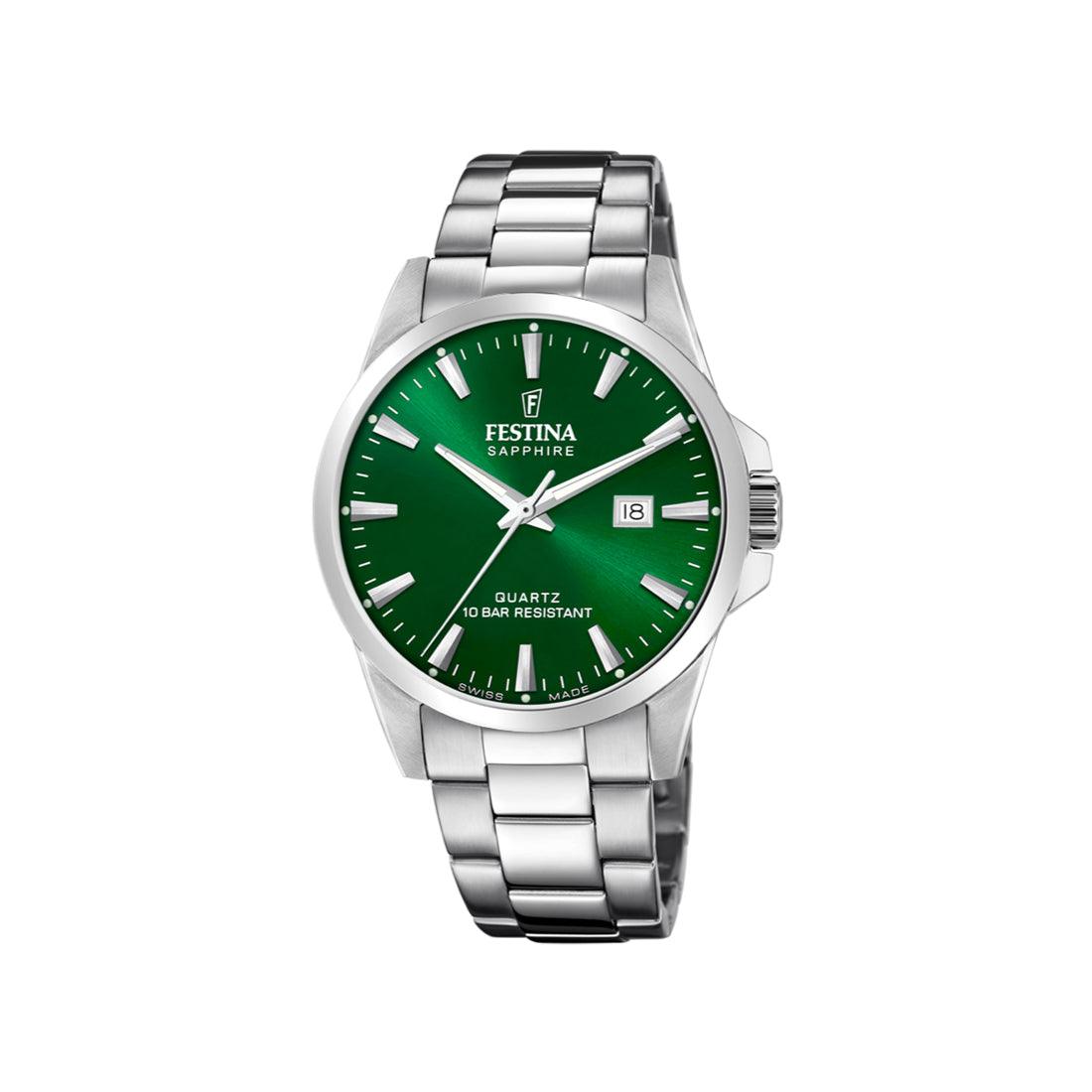 Festina Swiss Made herenhorloge met groene wijzerplaat en stalen band, analoog display en datumveld. Model 200246-200246-1