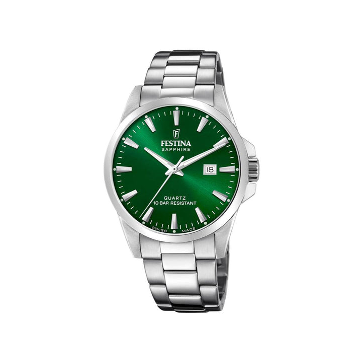 Festina Swiss Made herenhorloge met groene wijzerplaat en stalen band, analoog display en datumveld. Model 200246-200246-1