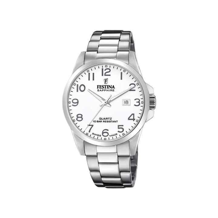 Festina Swiss Made Herenhorloge F200241 met ronde witte wijzerplaat, stalen band en datum. ModelF200241-1.